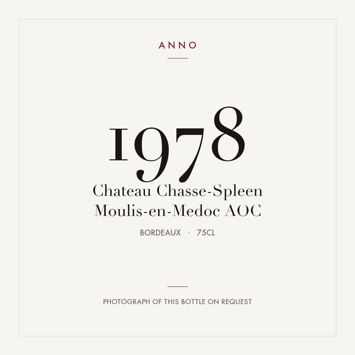 Chateau Chasse-Spleen Moulis-en-Medoc 1978 AOC 0,75l from Bordeaux — ANNO vintage card; photograph of the actual bottle available on request