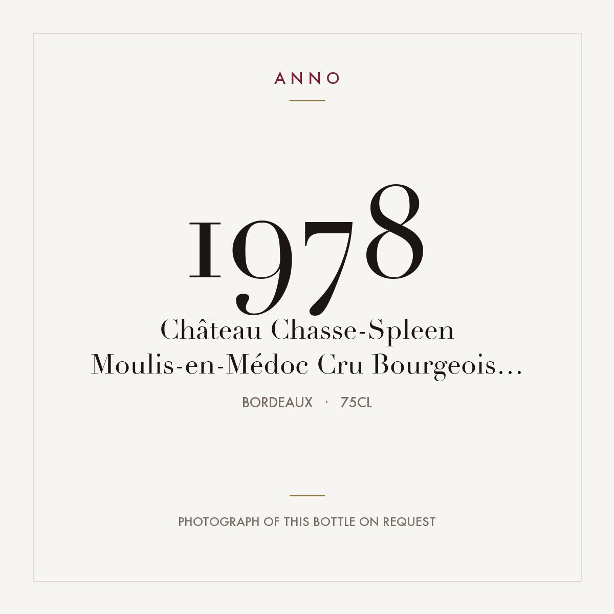 Chateau Chasse-Spleen Moulis-en-Medoc 1978 AOC 0,75l — ANNO vintage card; photograph of the actual bottle available on request