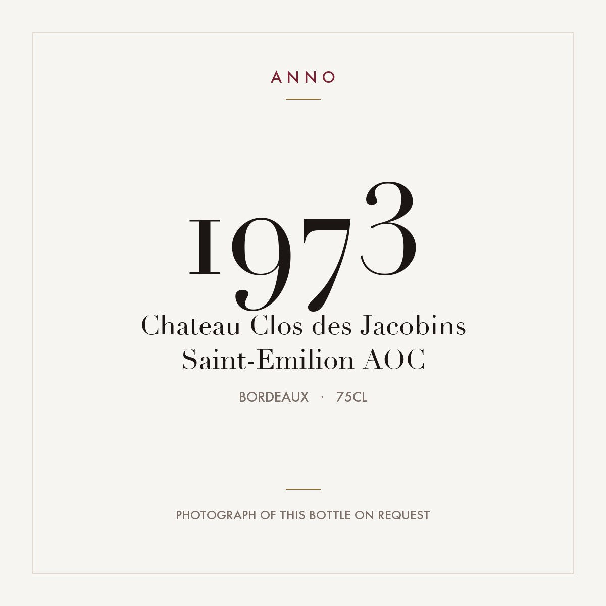 Chateau Clos des Jacobins Saint-Emilion 1973 AOC 0,75l from Bordeaux — ANNO vintage card; photograph of the actual bottle available on request