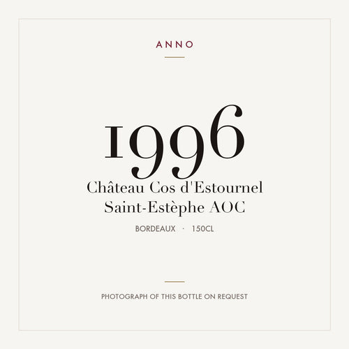 Chateau Cos d'Estournel Saint-Estephe 1996 AOC 1,5l — cartão de colheita ANNO; fotografia da garrafa real disponível a pedido