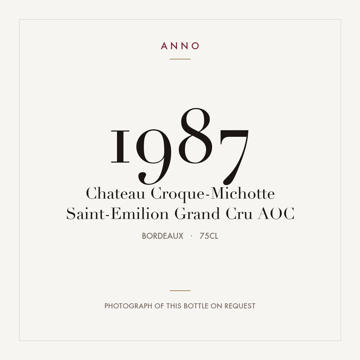 Chateau Croque-Michotte Saint-Emilion Grand Cru 1987 AOC 0,75l from Bordeaux — ANNO vintage card; photograph of the actual bottle available on request