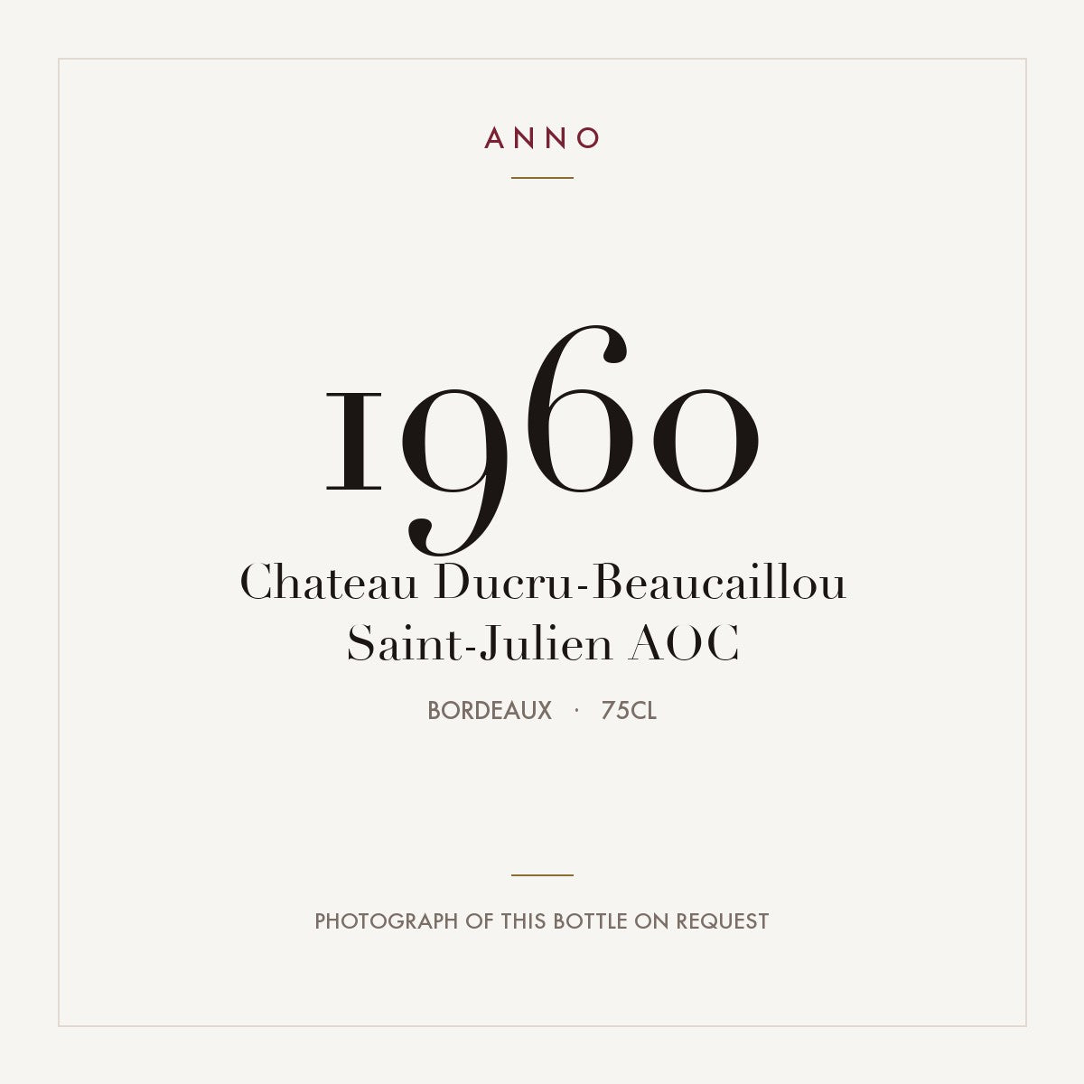 Chateau Ducru-Beaucaillou Saint-Julien 1960 AOC 0,75l from Bordeaux — ANNO vintage card; photograph of the actual bottle available on request