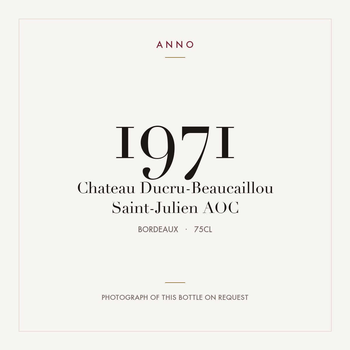 Chateau Ducru-Beaucaillou Saint-Julien 1971 AOC 0,75l from Bordeaux — ANNO vintage card; photograph of the actual bottle available on request