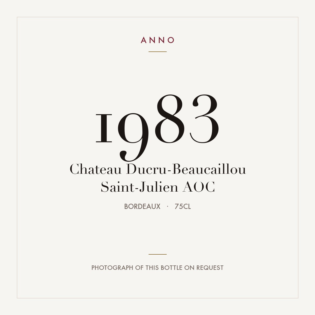 Chateau Ducru-Beaucaillou Saint-Julien 1983 AOC 0,75l from Bordeaux — ANNO vintage card; photograph of the actual bottle available on request