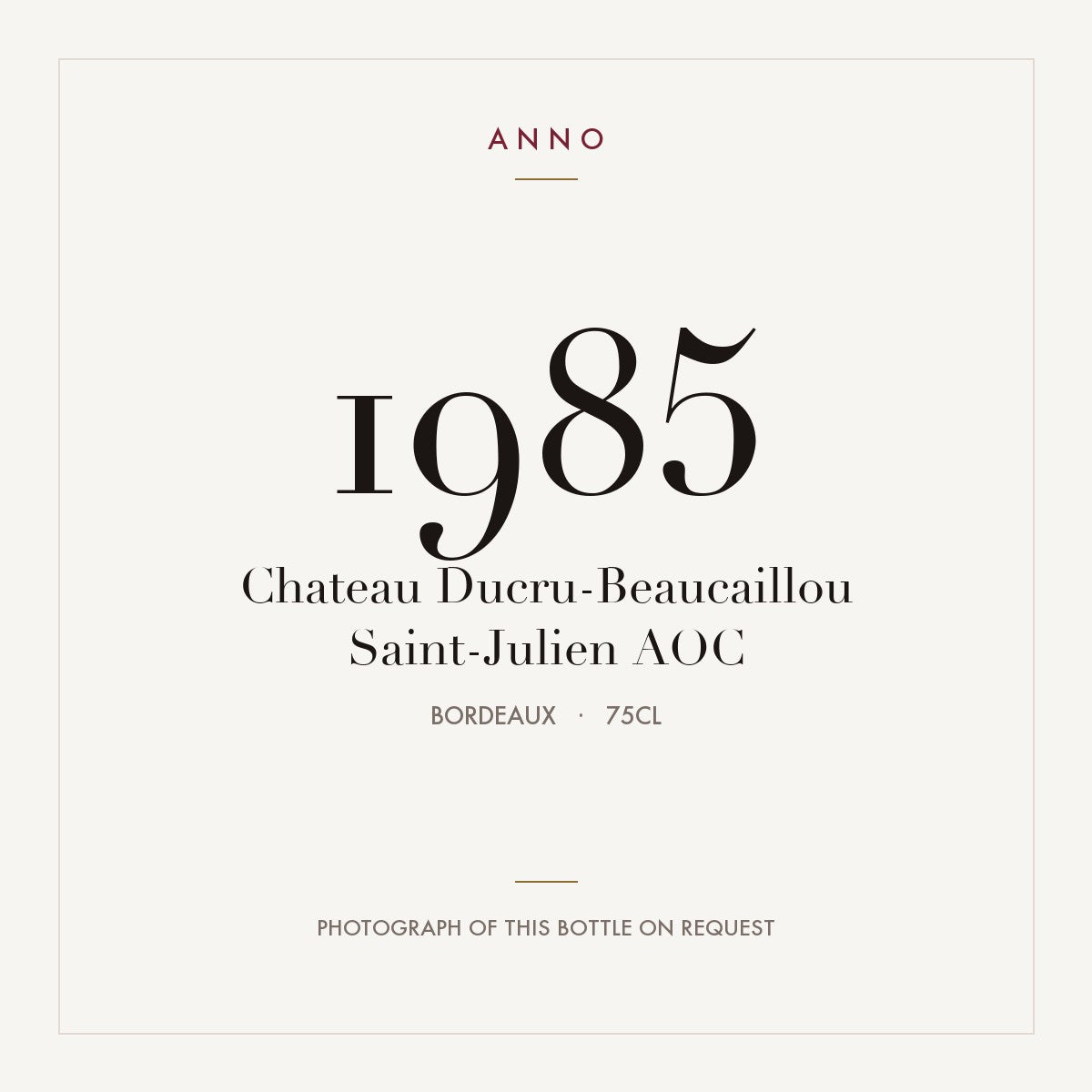 Chateau Ducru-Beaucaillou Saint-Julien 1985 AOC 0,75l from Bordeaux — ANNO vintage card; photograph of the actual bottle available on request