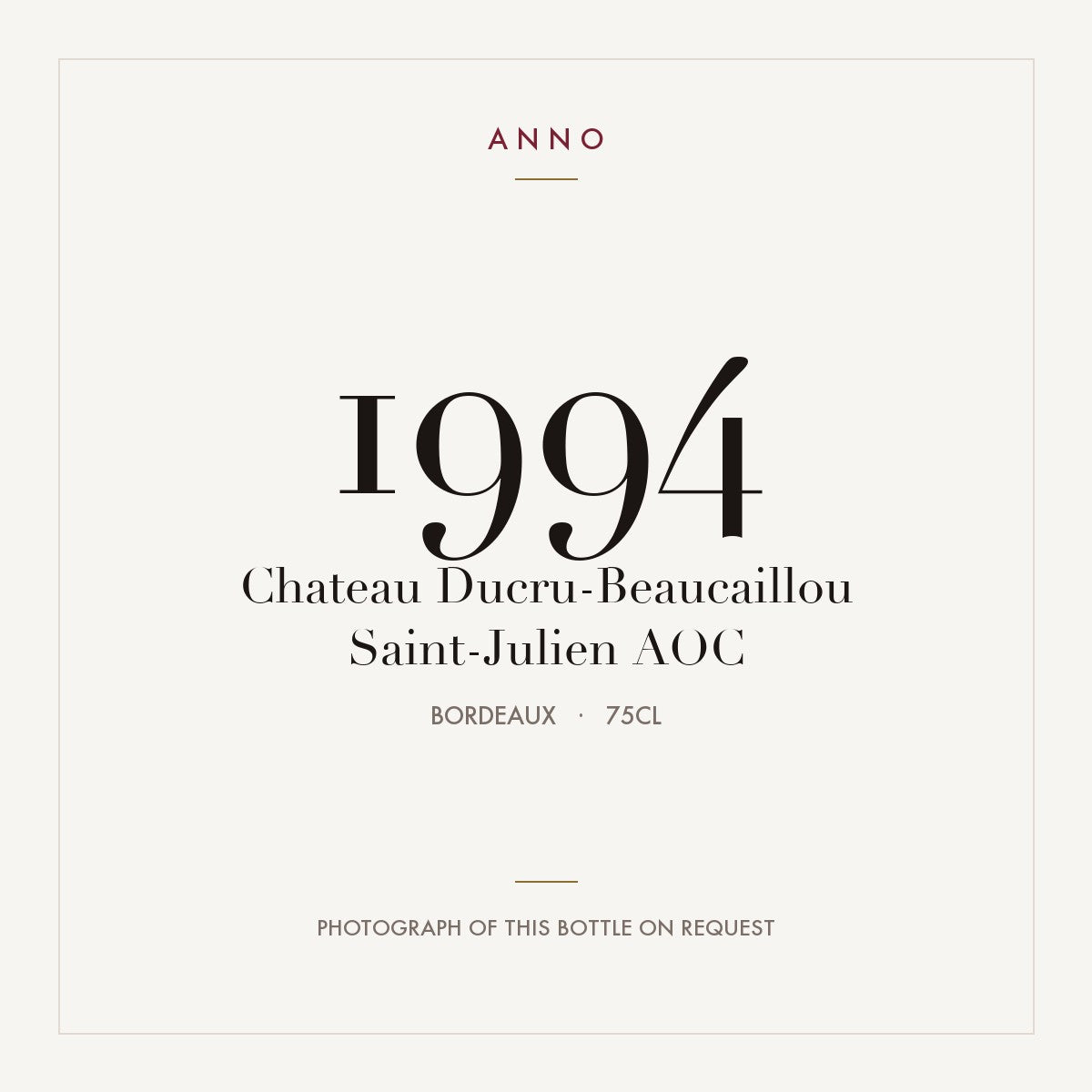 Chateau Ducru-Beaucaillou Saint-Julien 1994 AOC 0,75l from Bordeaux — ANNO vintage card; photograph of the actual bottle available on request