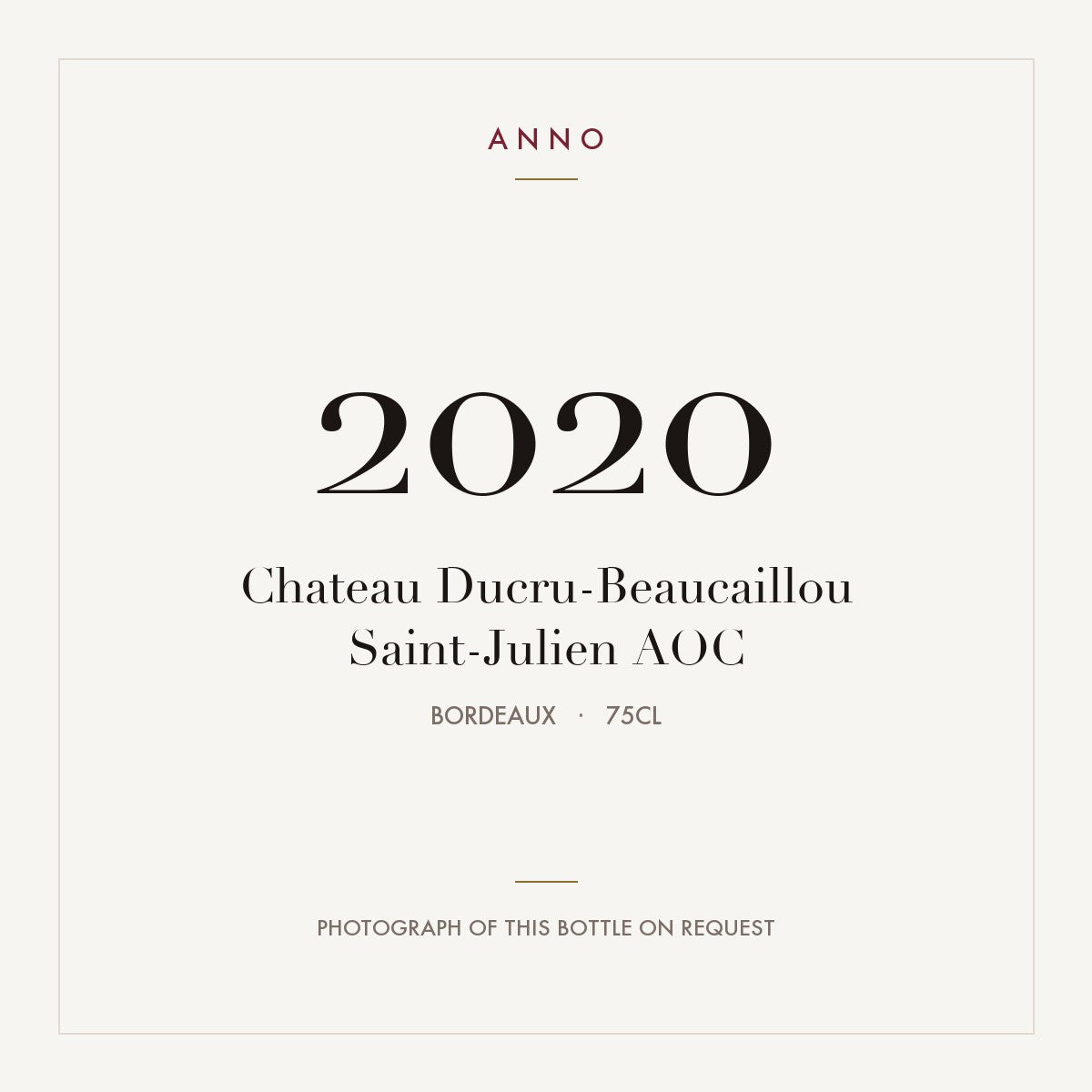 Chateau Ducru-Beaucaillou Saint-Julien 2020 AOC 0,75l from Bordeaux — ANNO vintage card; photograph of the actual bottle available on request