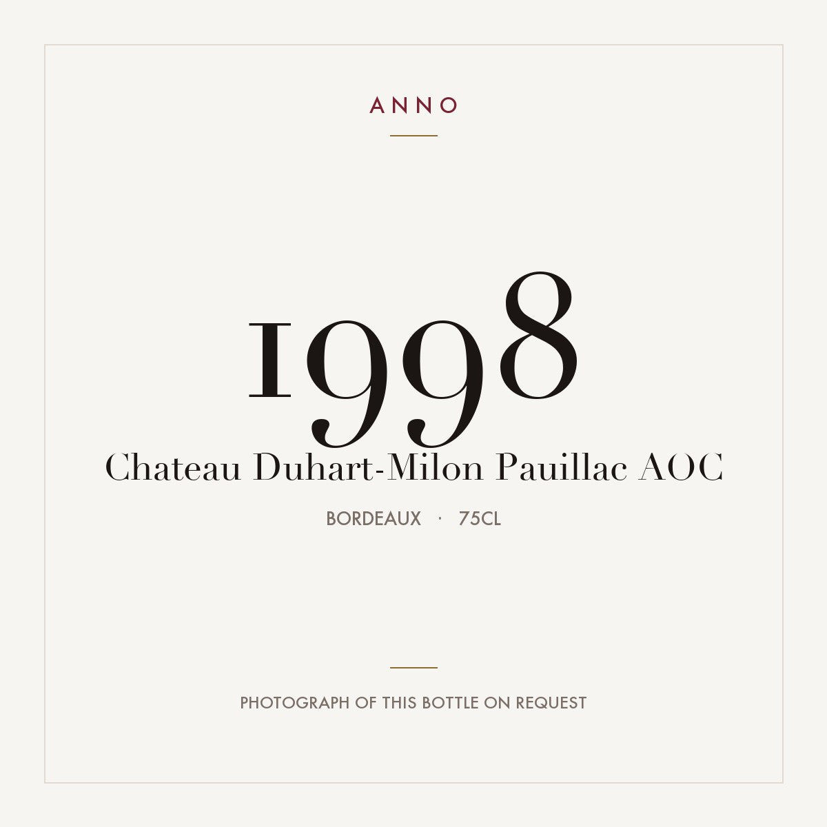 Chateau Duhart-Milon Pauillac 1998 AOC 0,75l from Bordeaux — ANNO vintage card; photograph of the actual bottle available on request