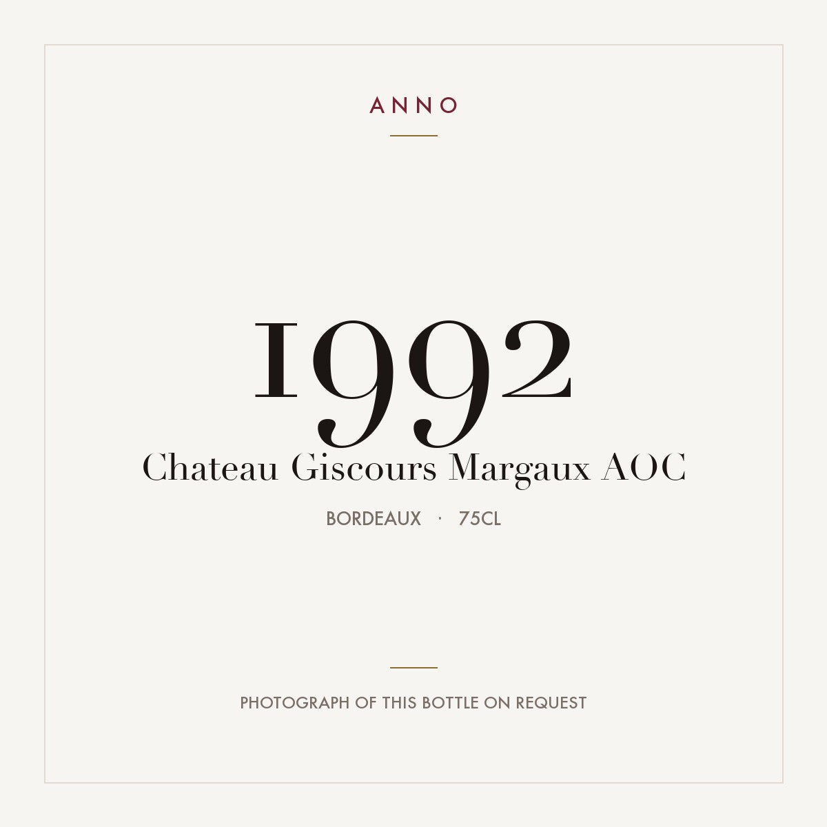 Chateau Giscours Margaux 1992 AOC 0,75l from Bordeaux — ANNO vintage card; photograph of the actual bottle available on request