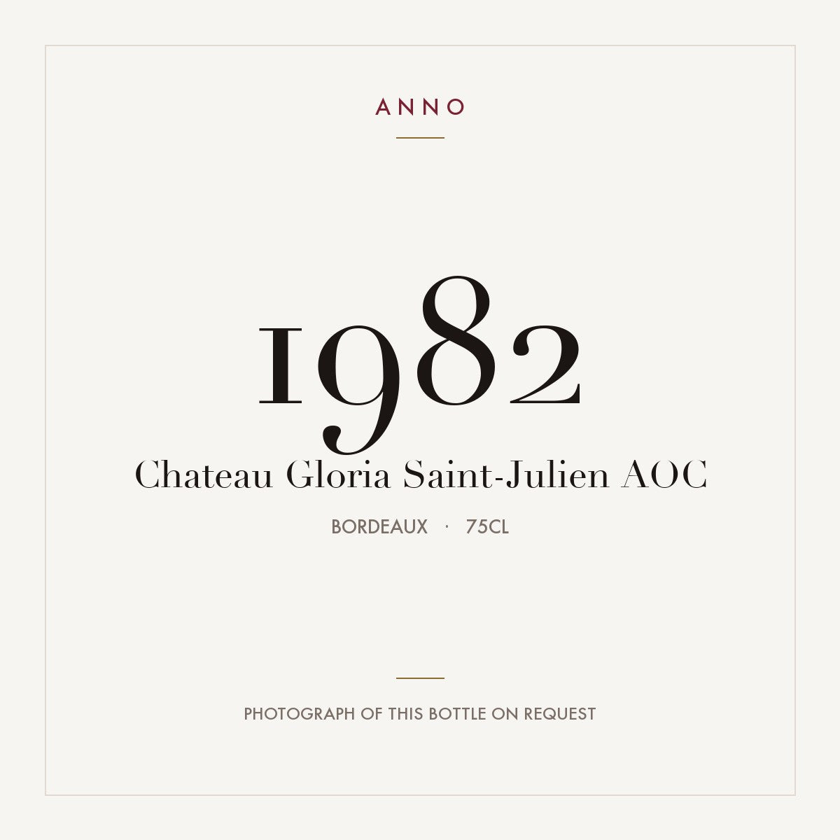 Chateau Gloria Saint-Julien 1982 AOC 0,75l from Bordeaux — ANNO vintage card; photograph of the actual bottle available on request