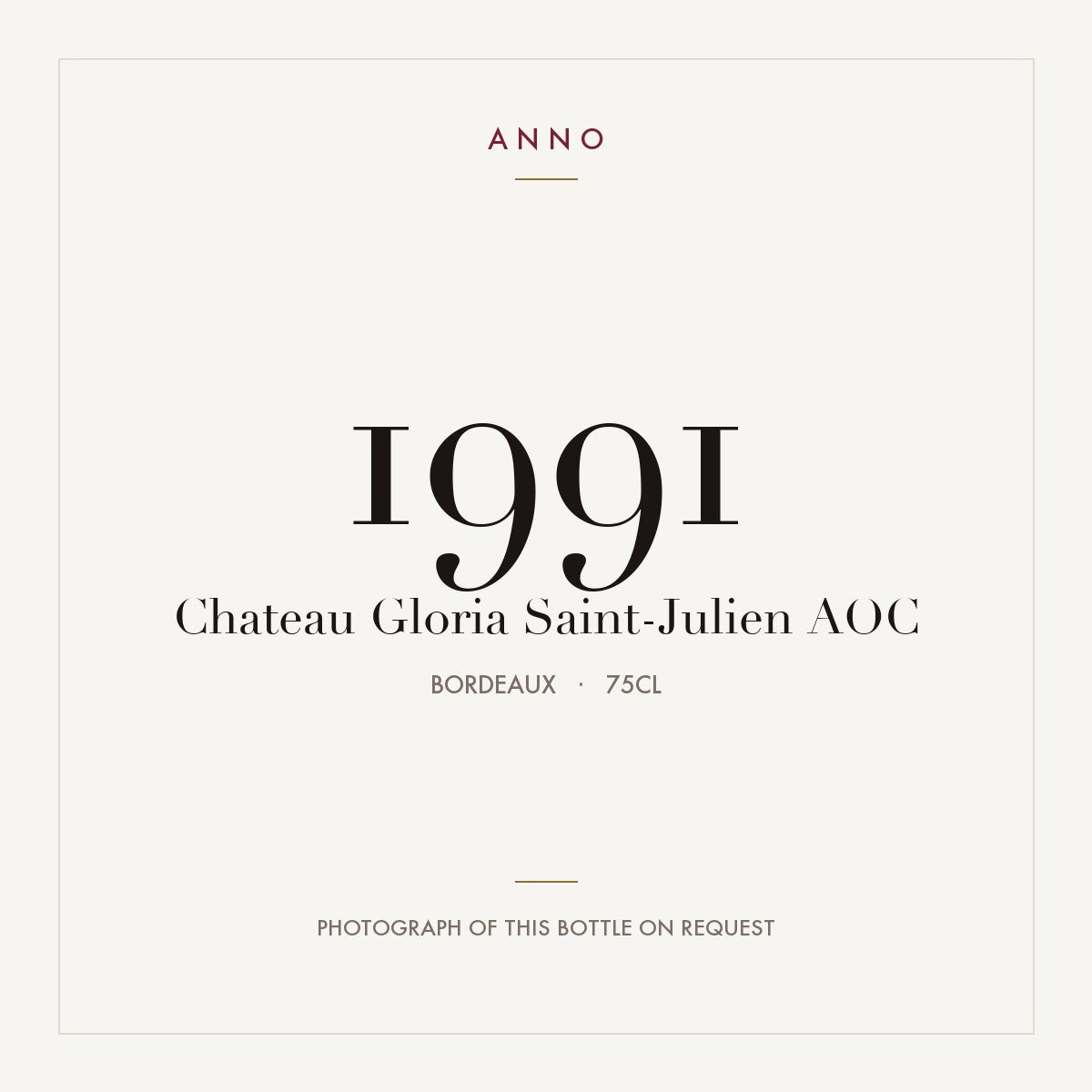 Chateau Gloria Saint-Julien 1991 AOC 0,75l from Bordeaux — ANNO vintage card; photograph of the actual bottle available on request