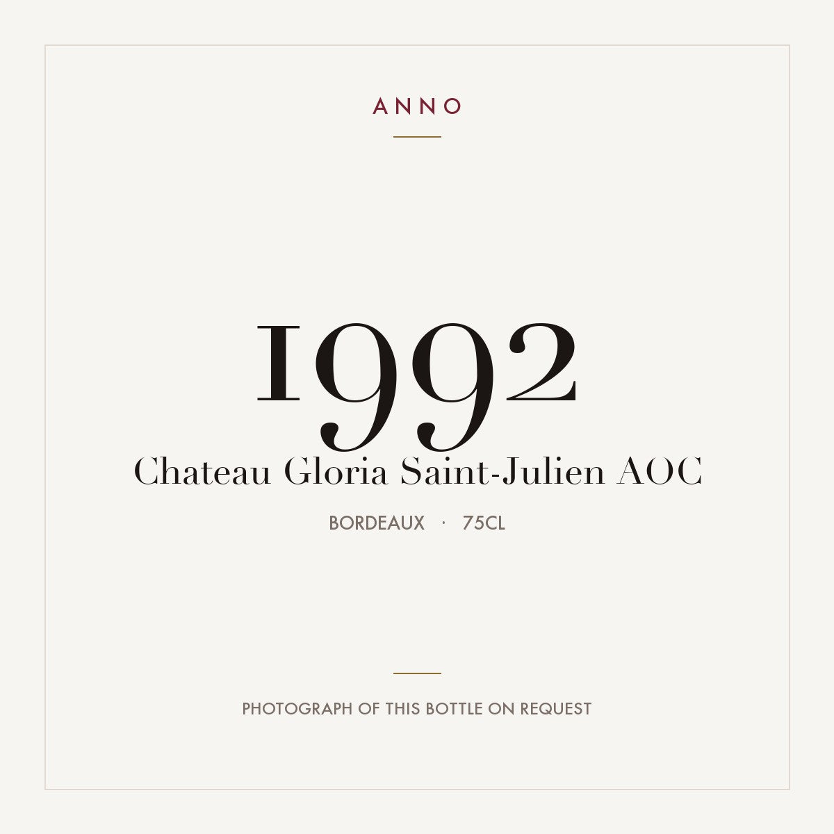 Chateau Gloria Saint-Julien 1992 AOC 0,75l from Bordeaux — ANNO vintage card; photograph of the actual bottle available on request