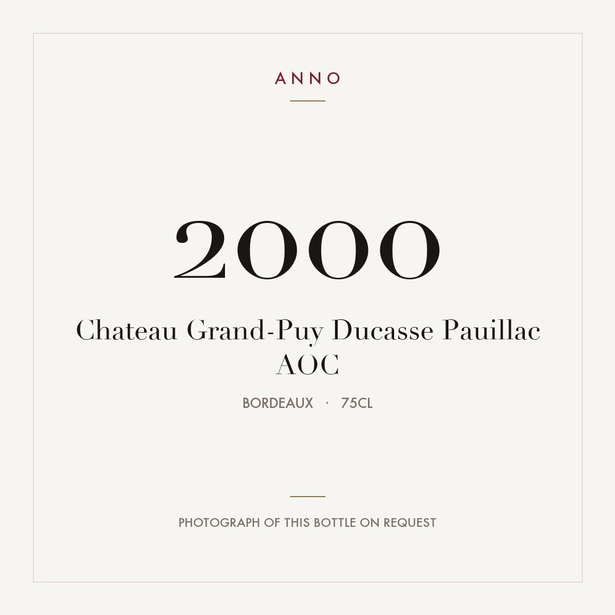 Chateau Grand-Puy Ducasse Pauillac 2000 AOC 0,75l from Bordeaux — ANNO vintage card; photograph of the actual bottle available on request