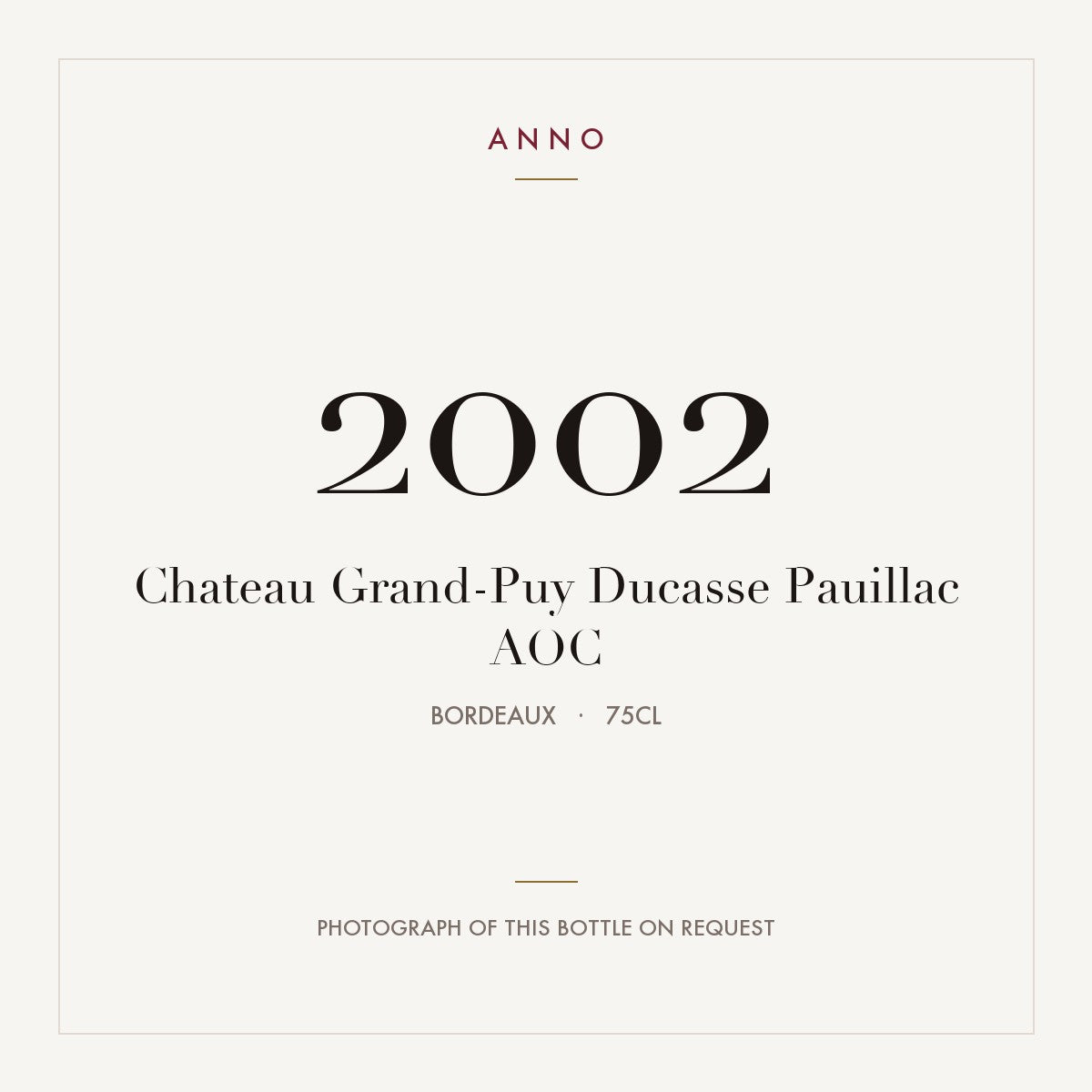 Chateau Grand-Puy Ducasse Pauillac 2002 AOC 0,75l from Bordeaux — ANNO vintage card; photograph of the actual bottle available on request
