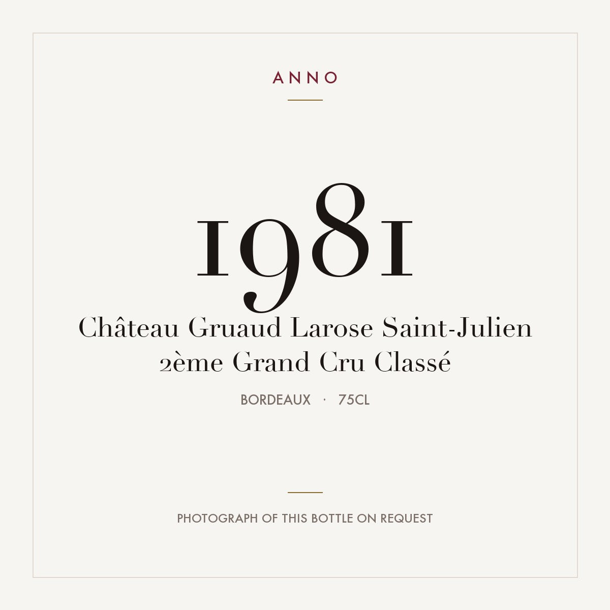 Chateau Gruaud Larose Saint-Julien 1981 AOC 0,75l — ANNO vintage card; photograph of the actual bottle available on request
