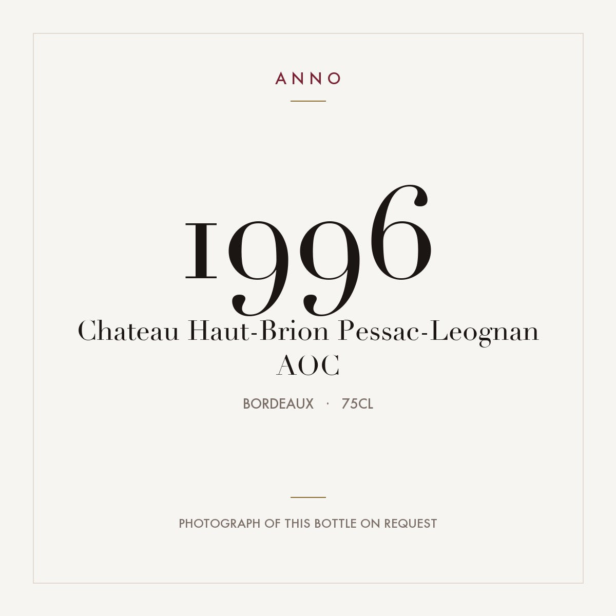 Chateau Haut-Brion Pessac-Leognan 1996 AOC 0,75l from Bordeaux — ANNO vintage card; photograph of the actual bottle available on request