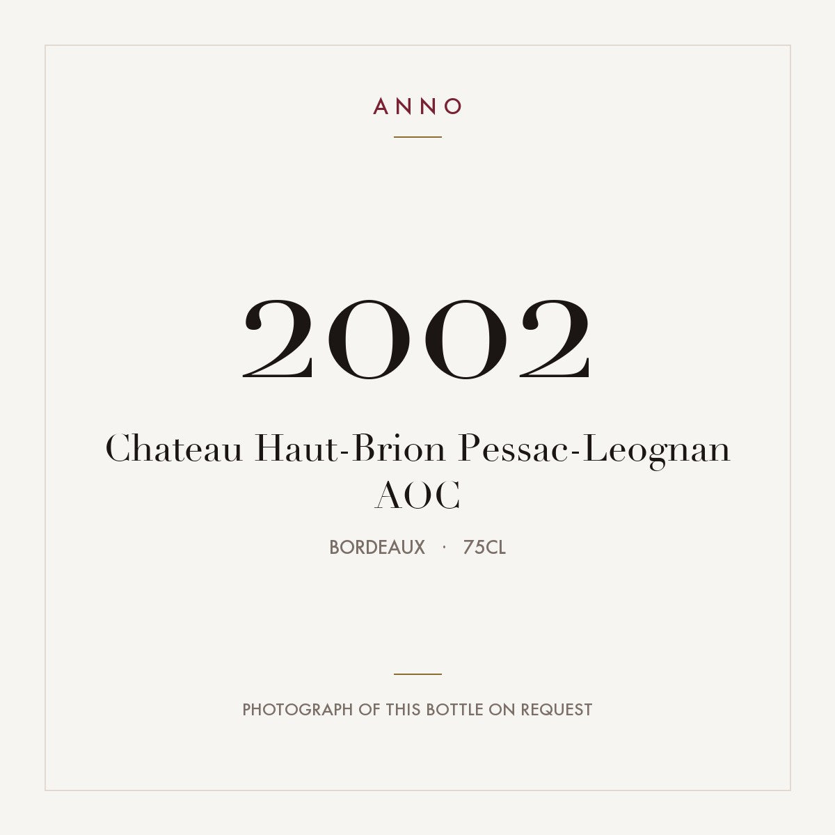 Chateau Haut-Brion Pessac-Leognan 2002 AOC 0,75l from Bordeaux — ANNO vintage card; photograph of the actual bottle available on request