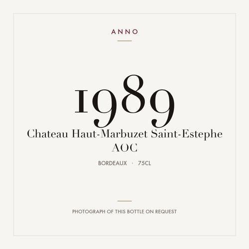 Chateau Haut-Marbuzet Saint-Estephe 1989 AOC 0,75l from Bordeaux — ANNO vintage card; photograph of the actual bottle available on request