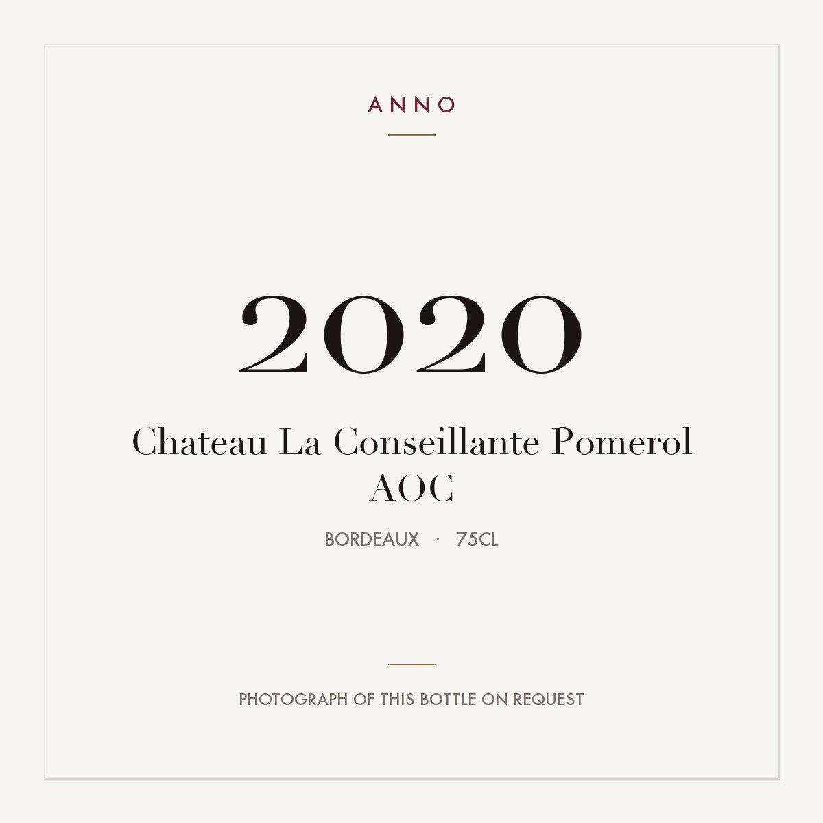 Chateau La Conseillante Pomerol 2020 AOC 0,75l from Bordeaux — ANNO vintage card; photograph of the actual bottle available on request