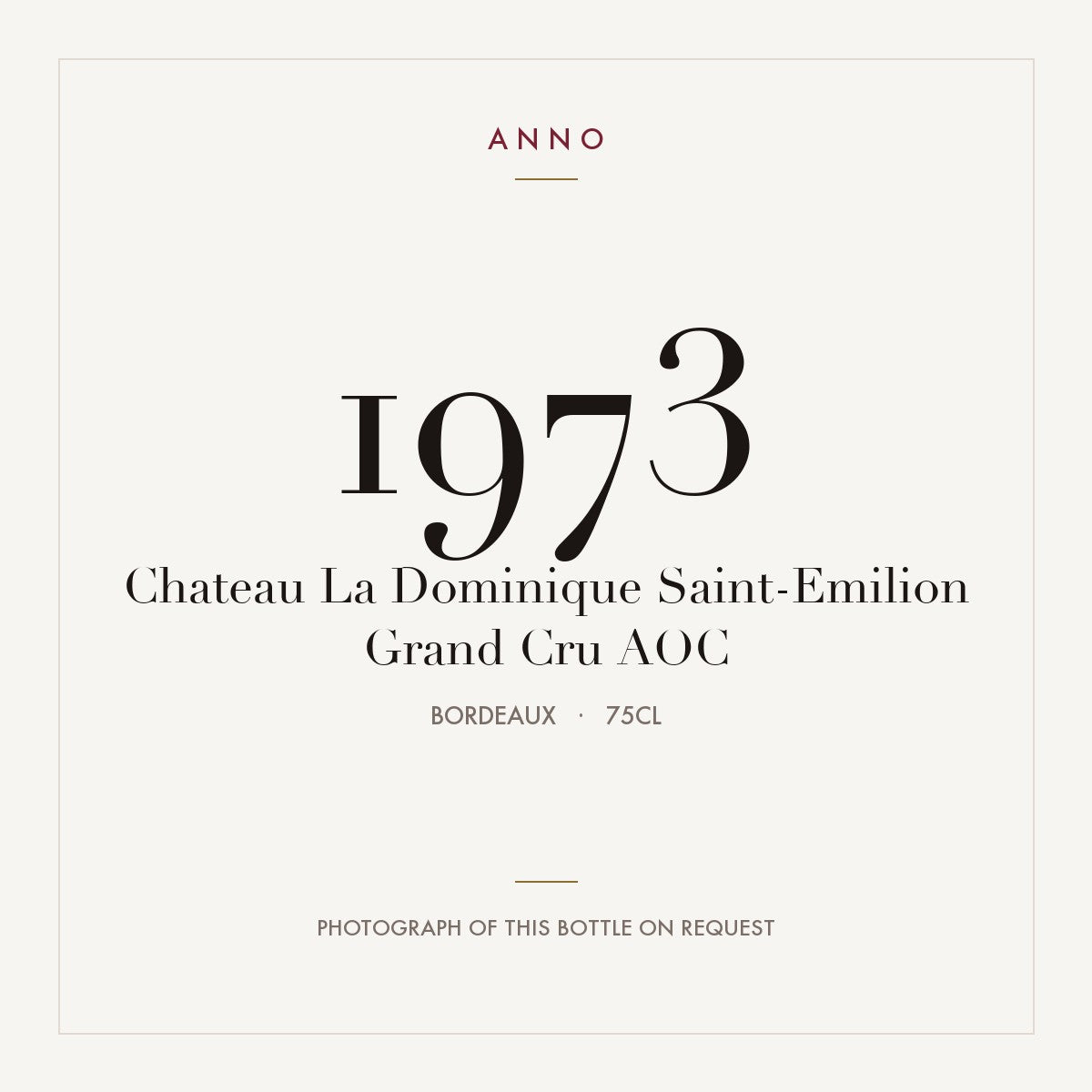 Chateau La Dominique Saint-Emilion Grand Cru 1973 AOC 0,75l from Bordeaux — ANNO vintage card; photograph of the actual bottle available on request