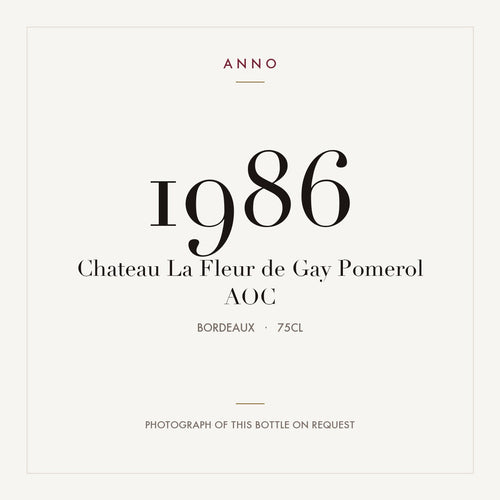 Chateau La Fleur de Gay Pomerol 1986 AOC 0,75l, Burdeos — tarjeta de añada ANNO; foto de la botella real disponible bajo petición