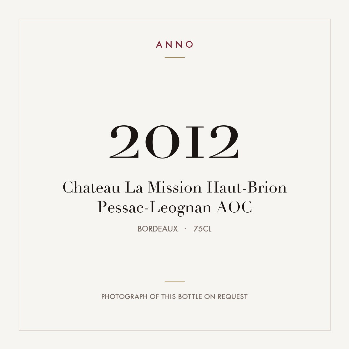 Chateau La Mission Haut-Brion Pessac-Leognan 2012 AOC 0,75l from Bordeaux — ANNO vintage card; photograph of the actual bottle available on request