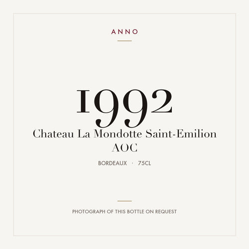 Chateau La Mondotte Saint-Emilion 1992 AOC 0,75l from Bordeaux — ANNO vintage card; photograph of the actual bottle available on request