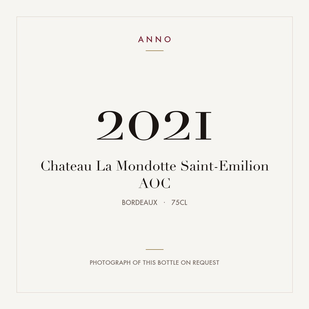 Chateau La Mondotte Saint-Emilion 2021 AOC 0,75l from Bordeaux — ANNO vintage card; photograph of the actual bottle available on request