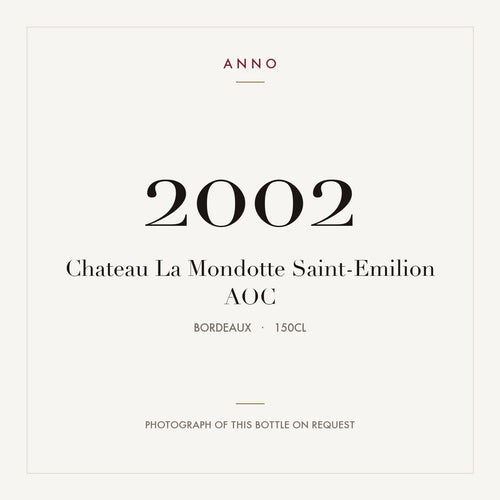 Chateau La Mondotte Saint-Emilion 2002 AOC 1,5l, Burdeos — tarjeta de añada ANNO; foto de la botella real disponible bajo petición