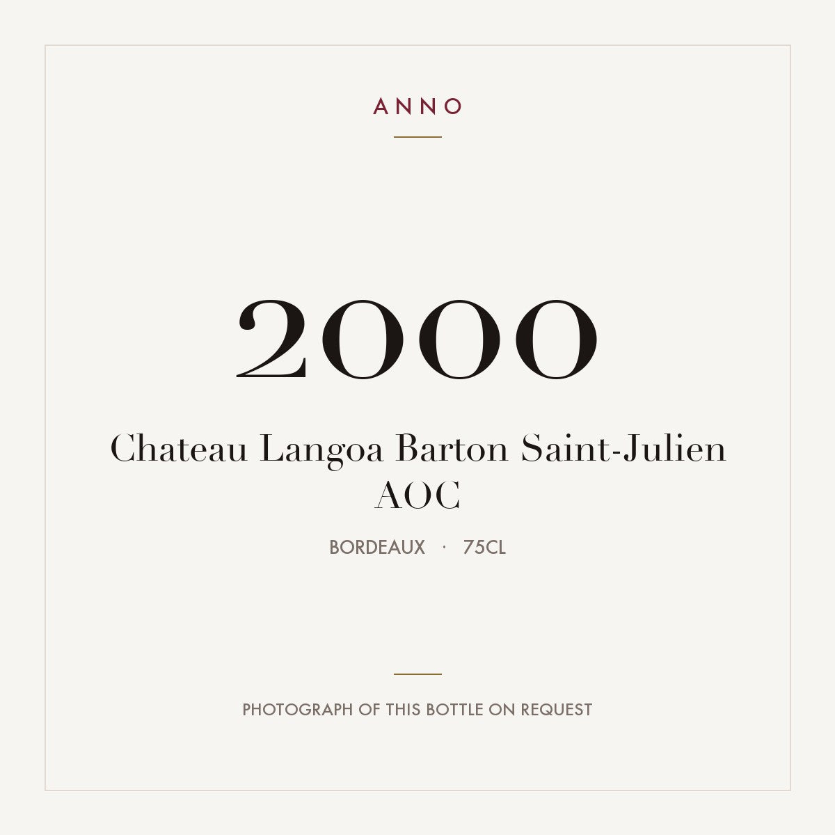 Chateau Langoa Barton Saint-Julien 2000 AOC 0,75l from Bordeaux — ANNO vintage card; photograph of the actual bottle available on request