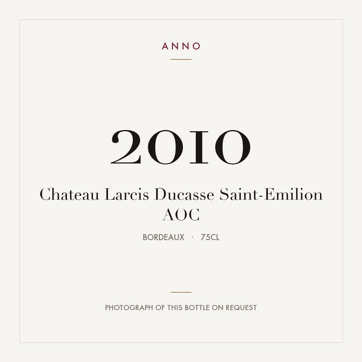 Chateau Larcis Ducasse Saint-Emilion 2010 AOC 0,75l from Bordeaux — ANNO vintage card; photograph of the actual bottle available on request