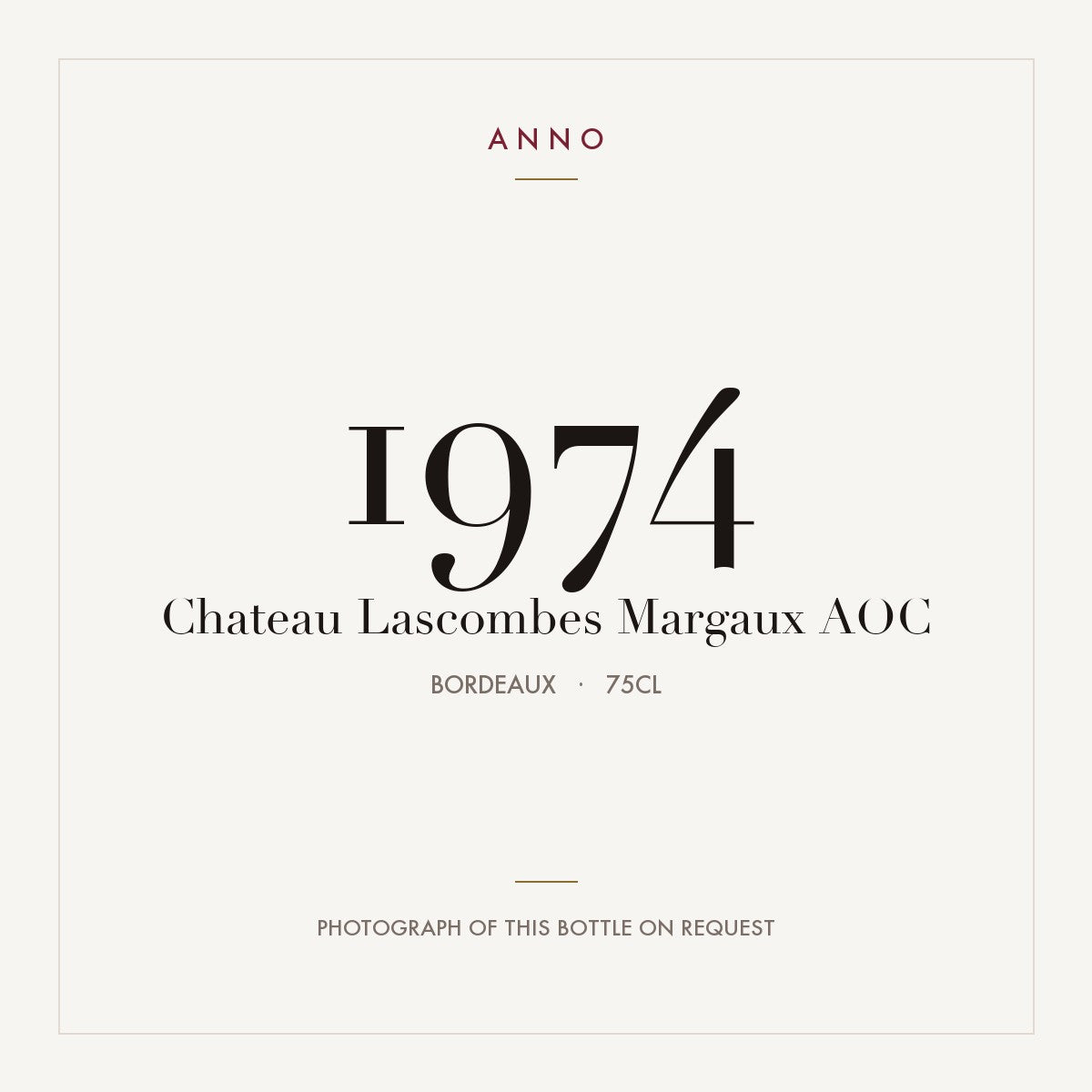 Chateau Lascombes Margaux 1974 AOC 0,75l from Bordeaux — ANNO vintage card; photograph of the actual bottle available on request