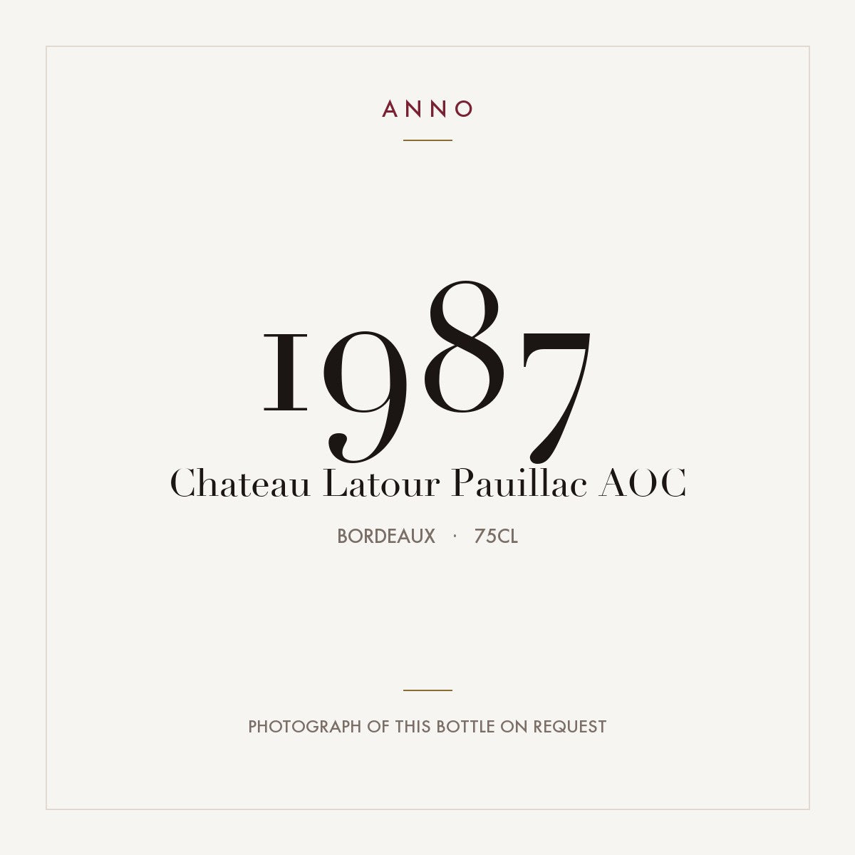 Chateau Latour Pauillac 1987 AOC 0,75l from Bordeaux — ANNO vintage card; photograph of the actual bottle available on request
