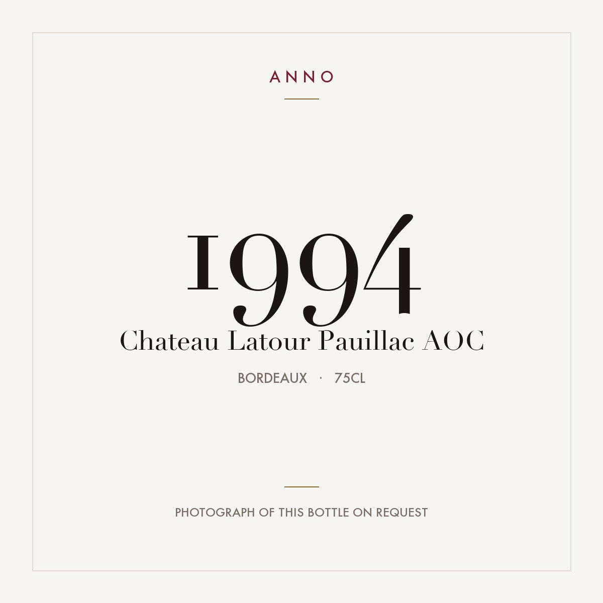 Chateau Latour Pauillac 1994 AOC 0,75l from Bordeaux — ANNO vintage card; photograph of the actual bottle available on request