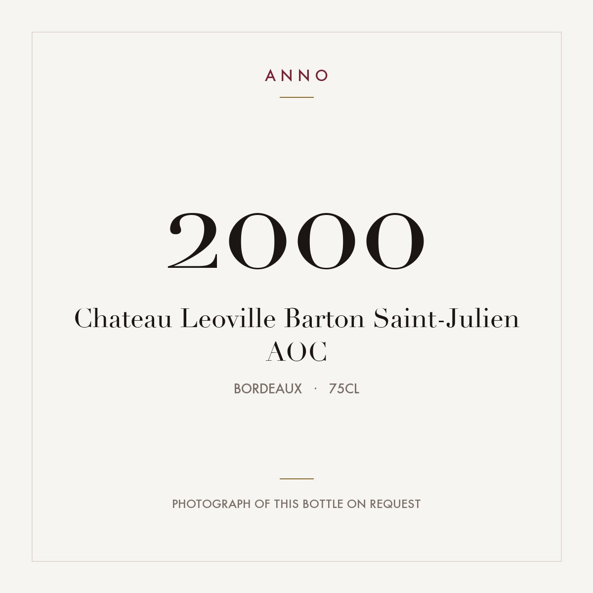 Chateau Leoville Barton Saint-Julien 2000 AOC 0,75l from Bordeaux — ANNO vintage card; photograph of the actual bottle available on request