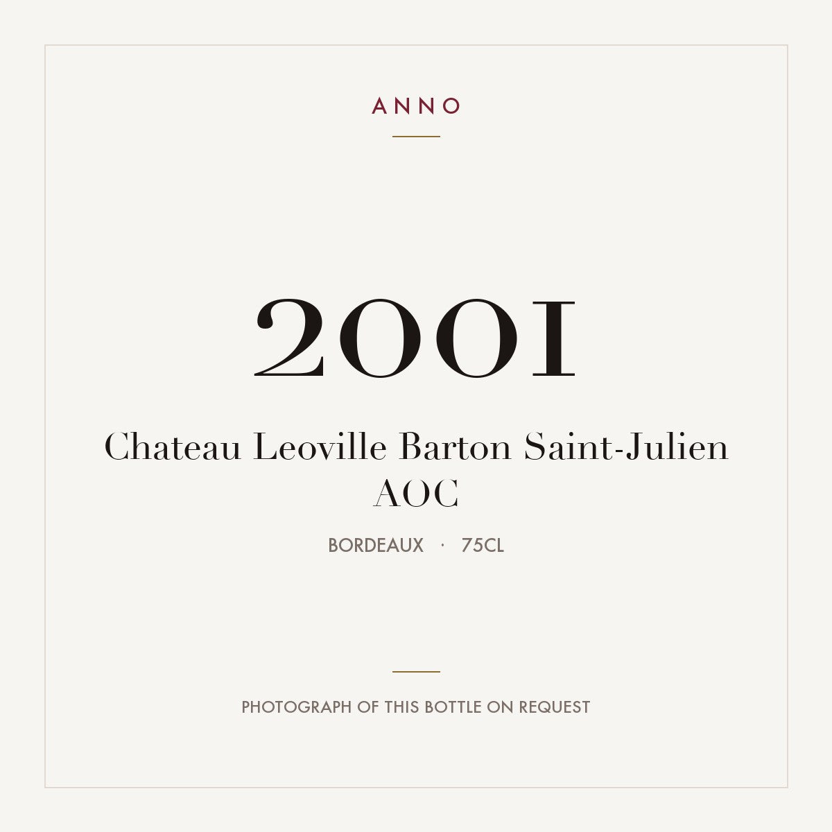 Chateau Leoville Barton Saint-Julien 2001 AOC 0,75l from Bordeaux — ANNO vintage card; photograph of the actual bottle available on request
