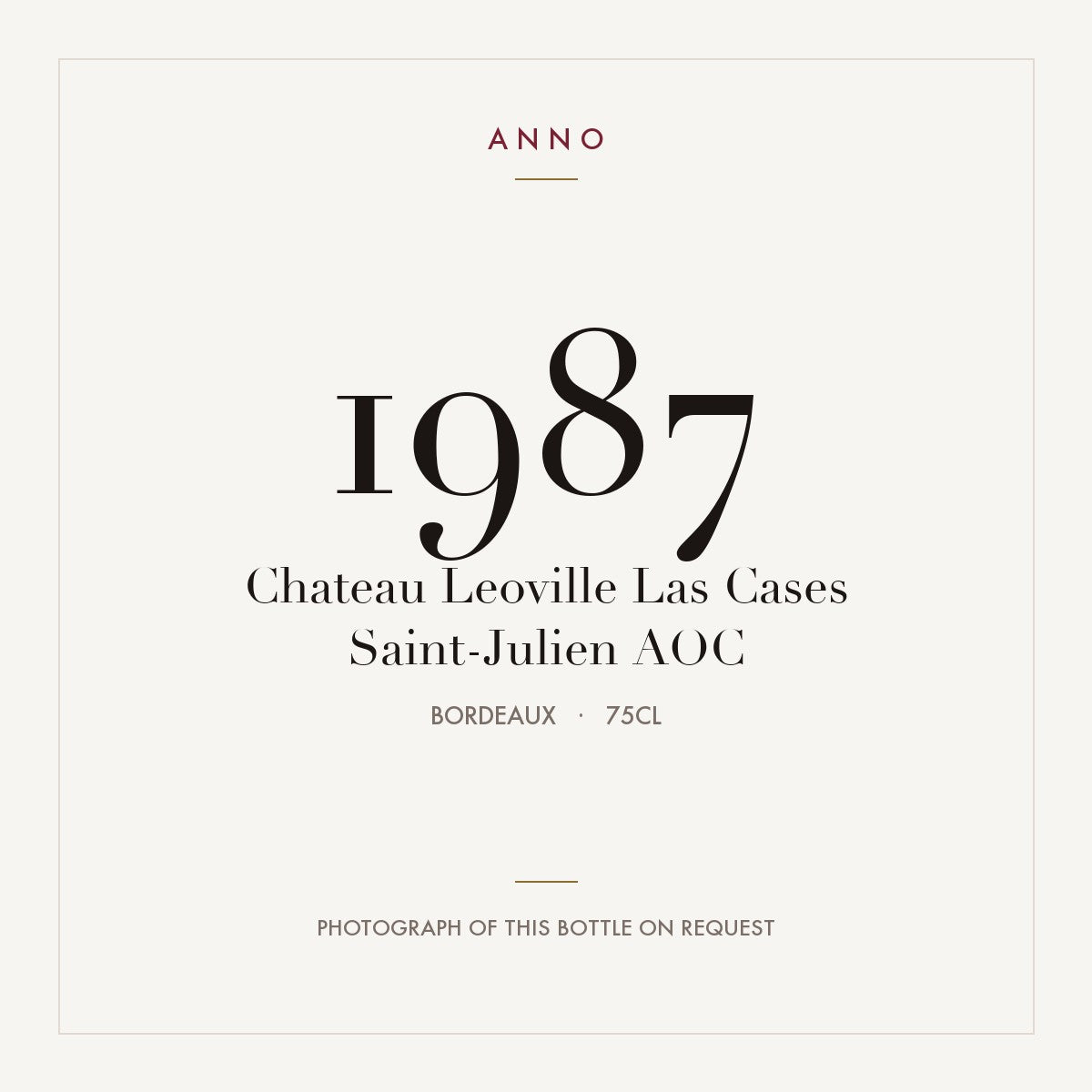 Chateau Leoville Las Cases Saint-Julien 1987 AOC 0,75l from Bordeaux — ANNO vintage card; photograph of the actual bottle available on request