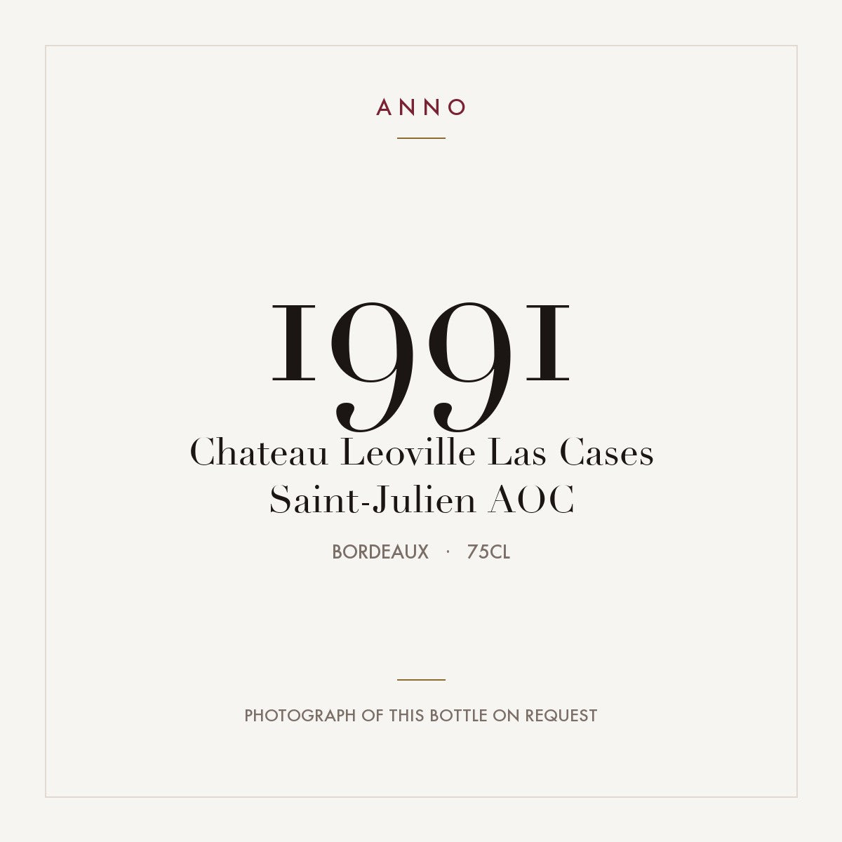 Chateau Leoville Las Cases Saint-Julien 1991 AOC 0,75l from Bordeaux — ANNO vintage card; photograph of the actual bottle available on request