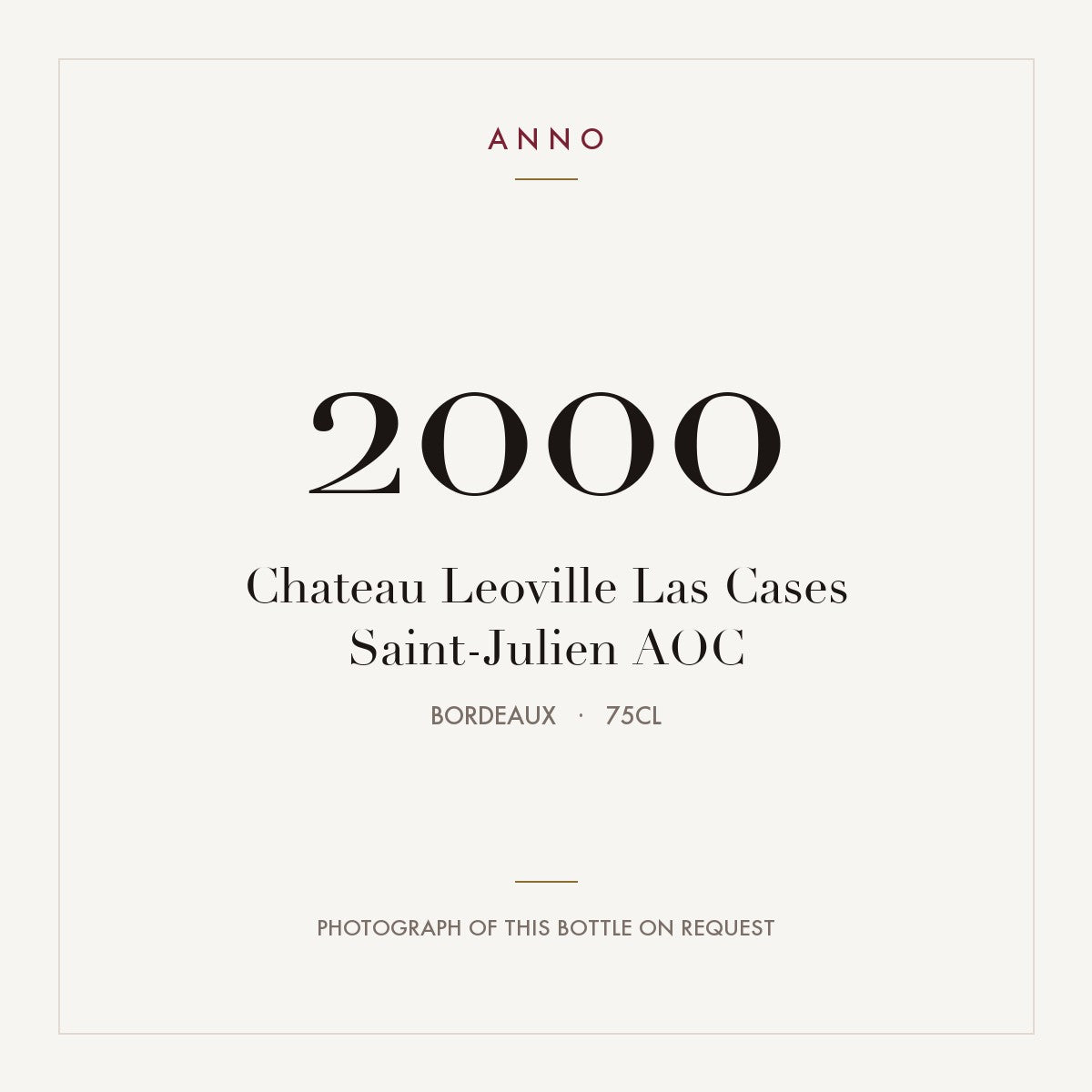Chateau Leoville Las Cases Saint-Julien 2000 AOC 0,75l from Bordeaux — ANNO vintage card; photograph of the actual bottle available on request