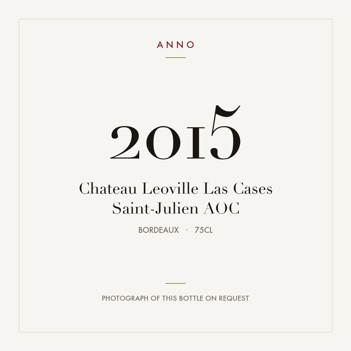 Chateau Leoville Las Cases Saint-Julien 2015 AOC 0,75l from Bordeaux — ANNO vintage card; photograph of the actual bottle available on request