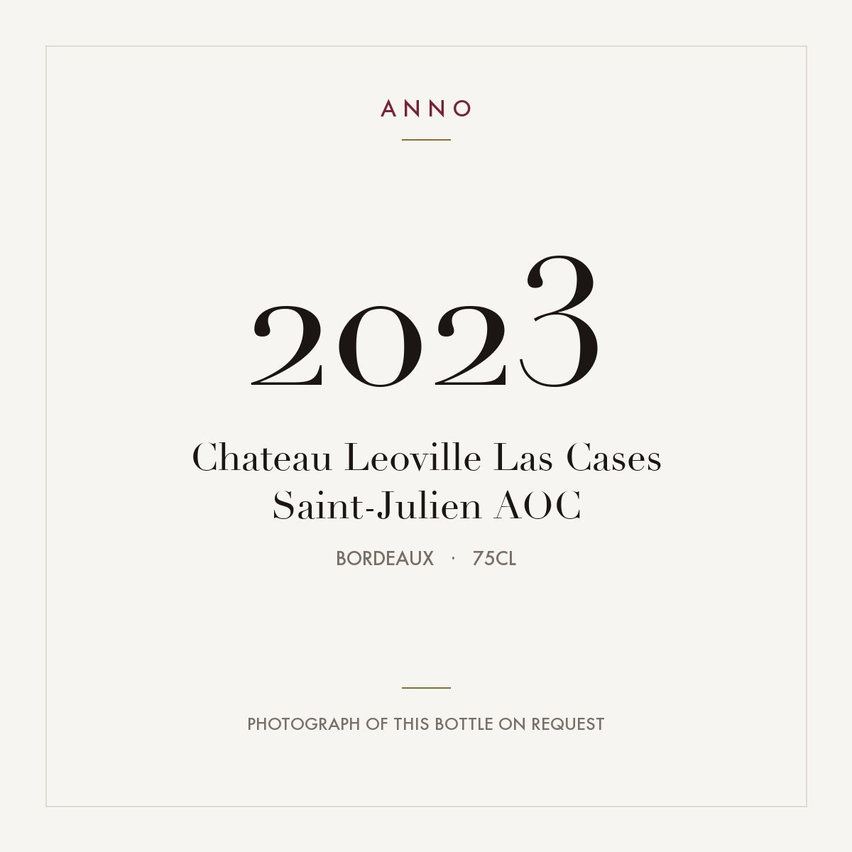 Chateau Leoville Las Cases Saint-Julien 2023 AOC 0,75l from Bordeaux — ANNO vintage card; photograph of the actual bottle available on request