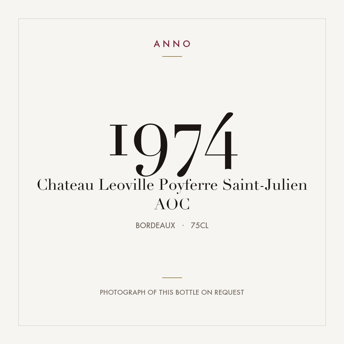 Chateau Leoville Poyferre Saint-Julien 1974 AOC 0,75l from Bordeaux — ANNO vintage card; photograph of the actual bottle available on request