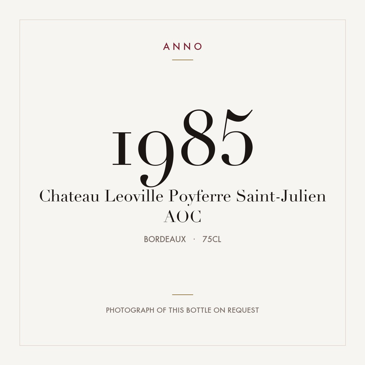 Chateau Leoville Poyferre Saint-Julien 1985 AOC 0,75l from Bordeaux — ANNO vintage card; photograph of the actual bottle available on request