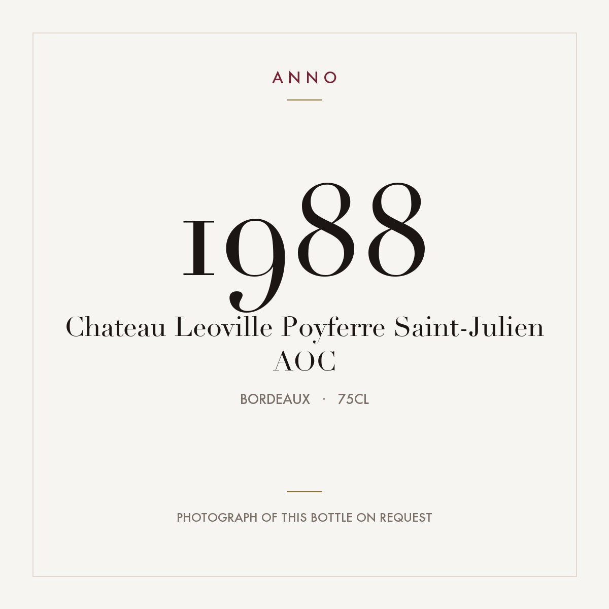 Chateau Leoville Poyferre Saint-Julien 1988 AOC 0,75l from Bordeaux — ANNO vintage card; photograph of the actual bottle available on request