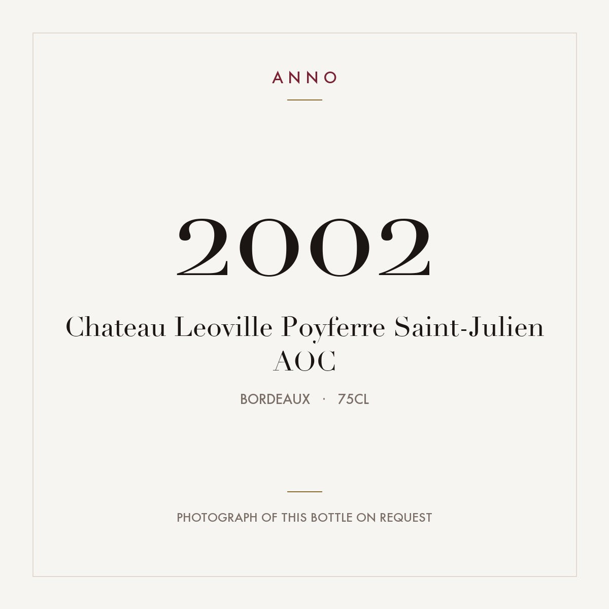 Chateau Leoville Poyferre Saint-Julien 2002 AOC 0,75l from Bordeaux — ANNO vintage card; photograph of the actual bottle available on request