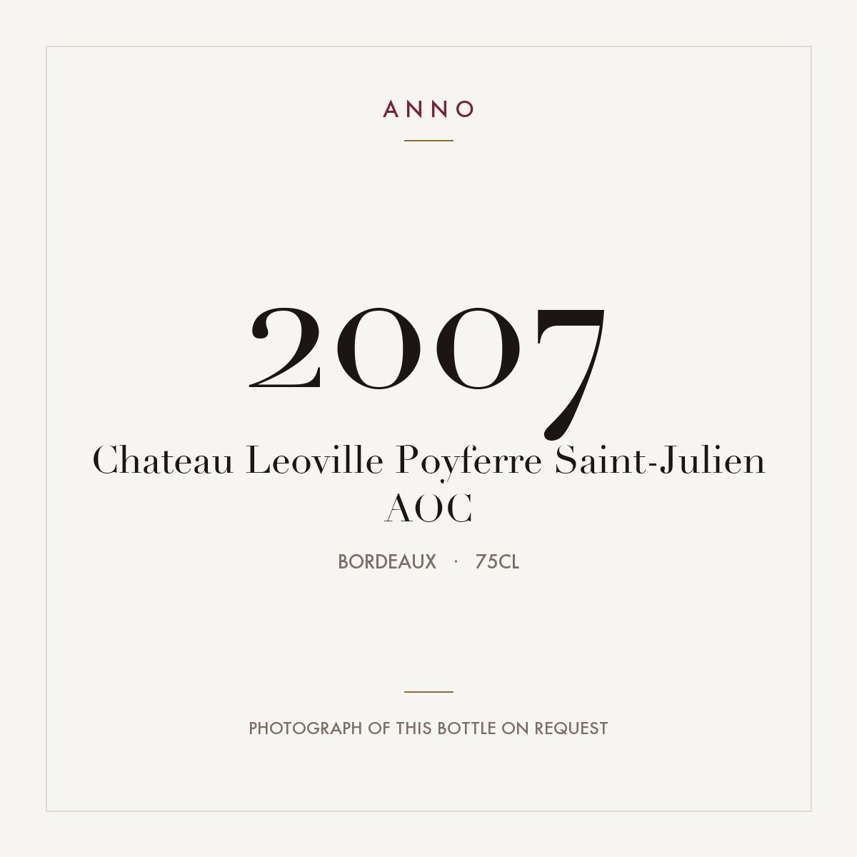 Chateau Leoville Poyferre Saint-Julien 2007 AOC 0,75l from Bordeaux — ANNO vintage card; photograph of the actual bottle available on request