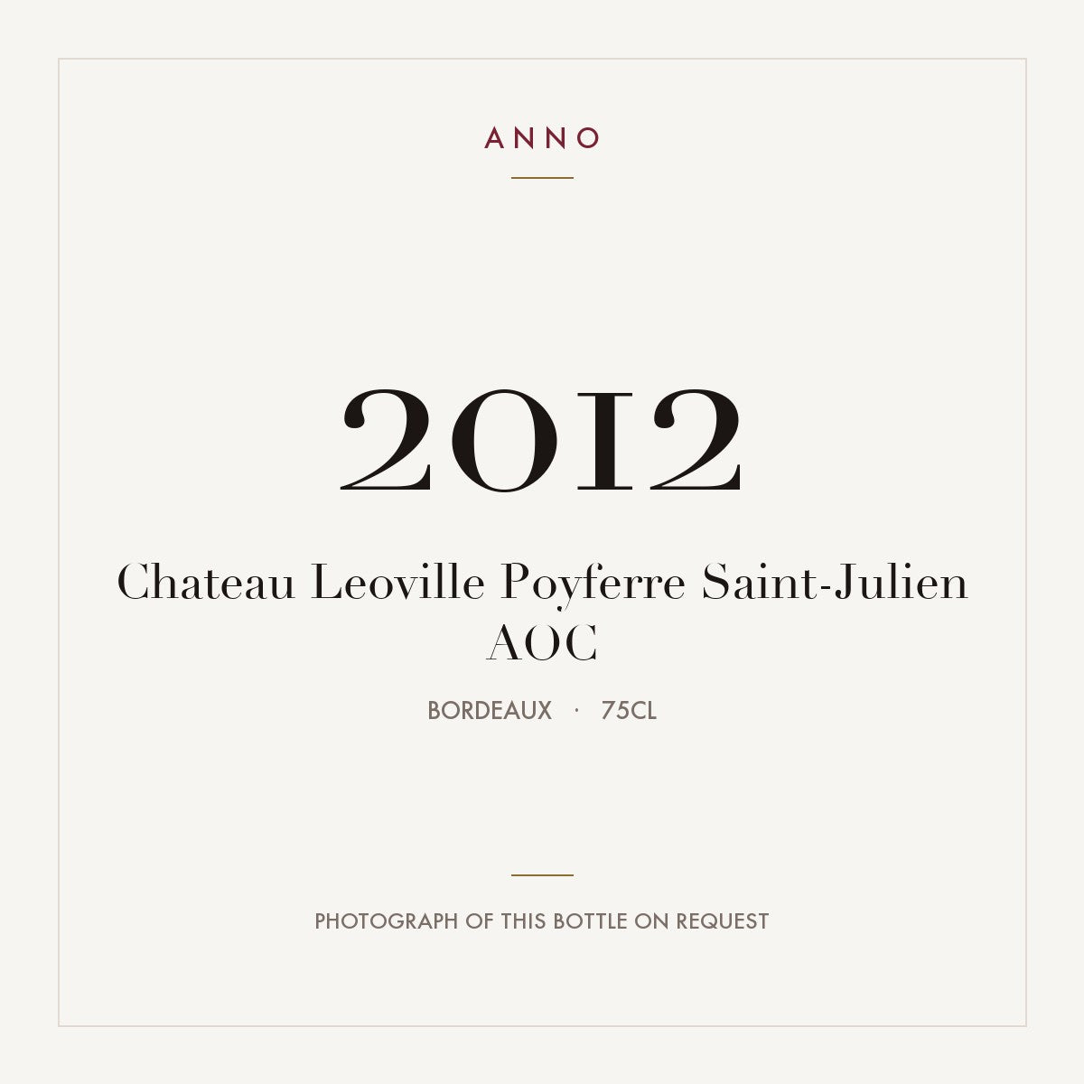 Chateau Leoville Poyferre Saint-Julien 2012 AOC 0,75l from Bordeaux — ANNO vintage card; photograph of the actual bottle available on request