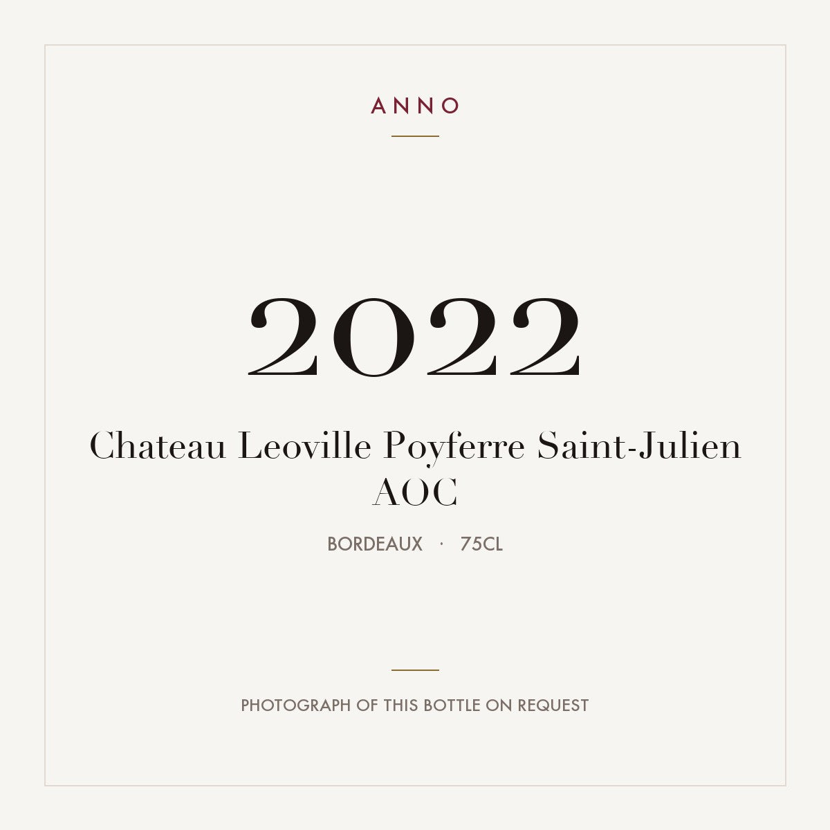 Chateau Leoville Poyferre Saint-Julien 2022 AOC 0,75l from Bordeaux — ANNO vintage card; photograph of the actual bottle available on request