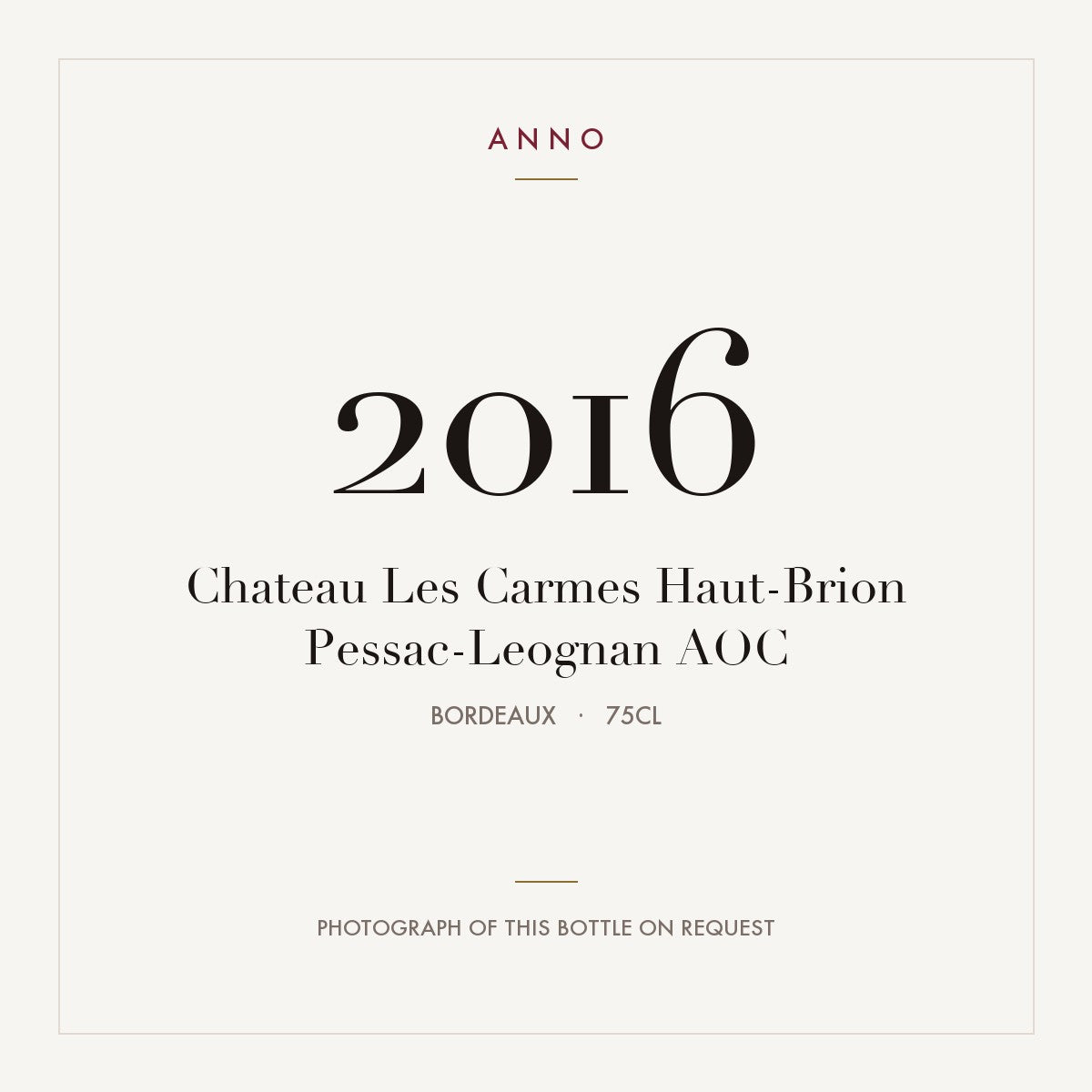 Chateau Les Carmes Haut-Brion Pessac-Leognan 2016 AOC 0,75l from Bordeaux — ANNO vintage card; photograph of the actual bottle available on request