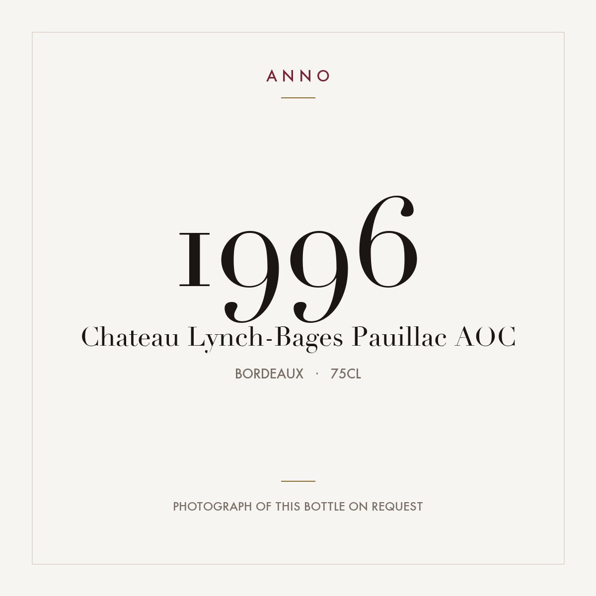 Chateau Lynch-Bages Pauillac 1996 AOC 0,75l from Bordeaux — ANNO vintage card; photograph of the actual bottle available on request